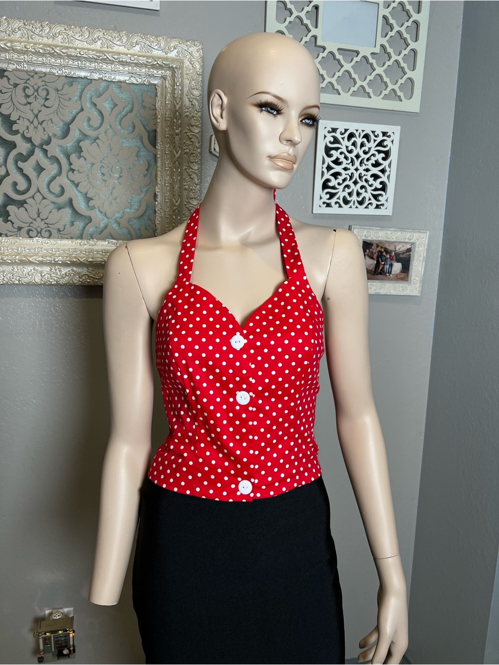 Red Polka Dot Halter Tie-Back Vintage Style Top